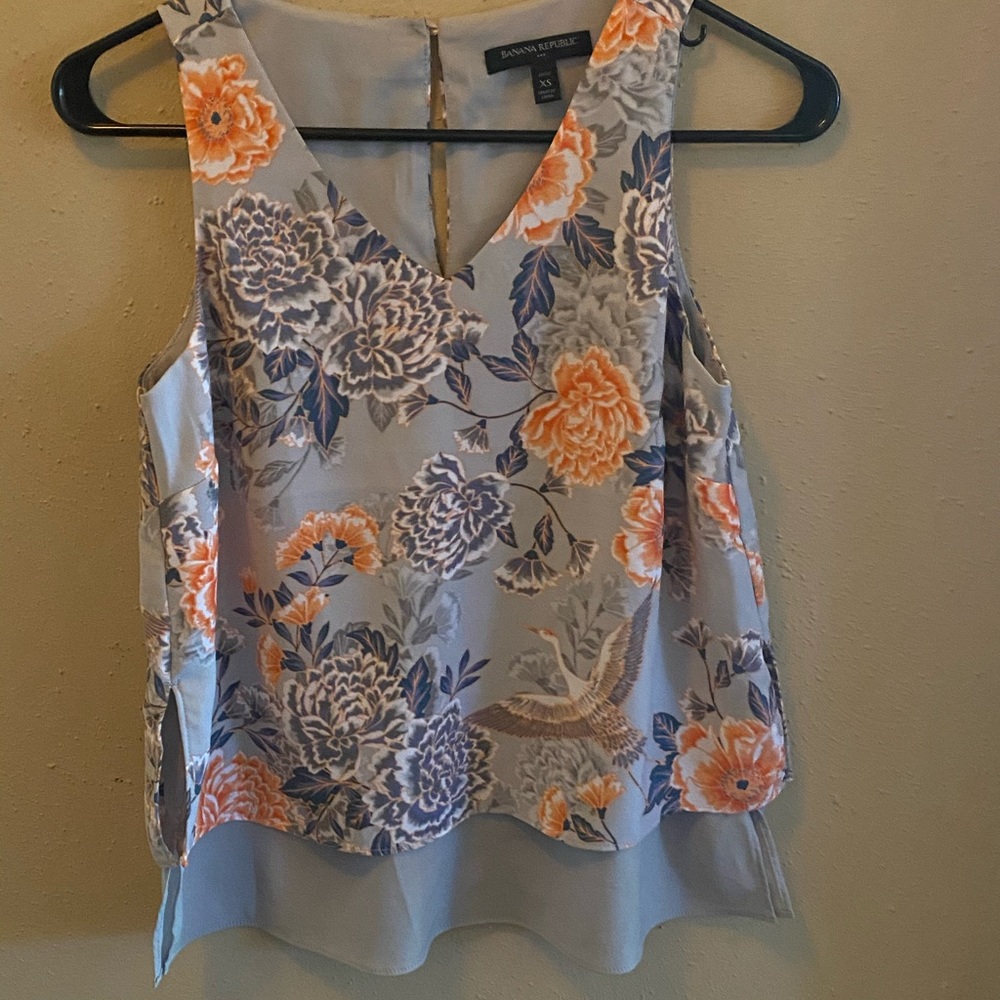 Coral , gray and blue floral blouse.